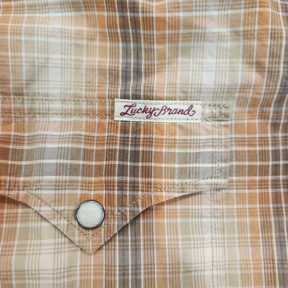 Lucky Brand Shirt Mens Large Brown 100% Cotton Pearl Snap Stretch Plaid Western - Picture 4 of 10